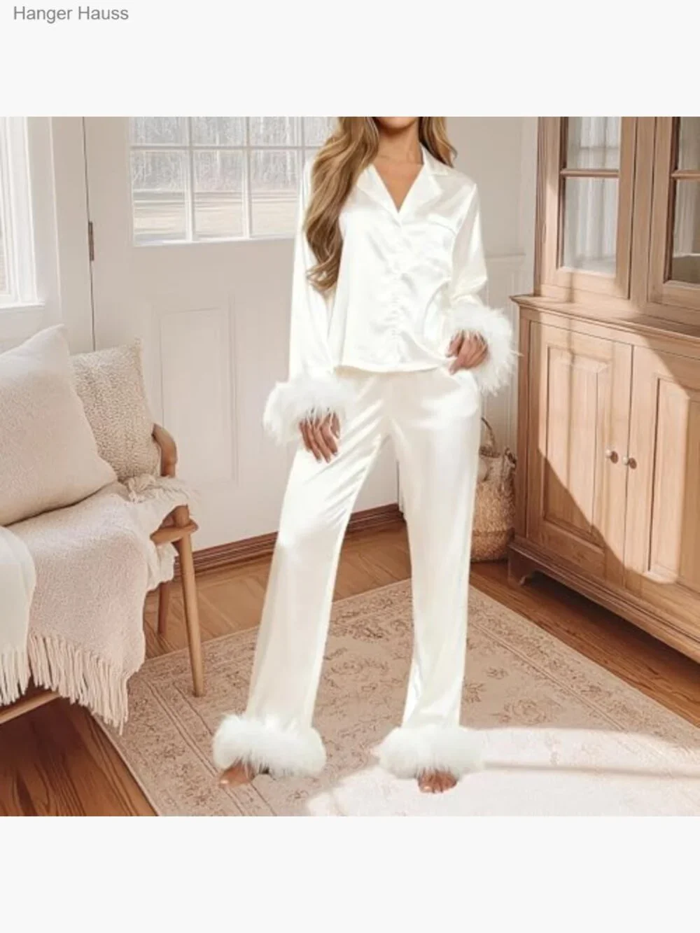 Feather Satin Pajama Set, Long Sleeve Button Down Lounge Set